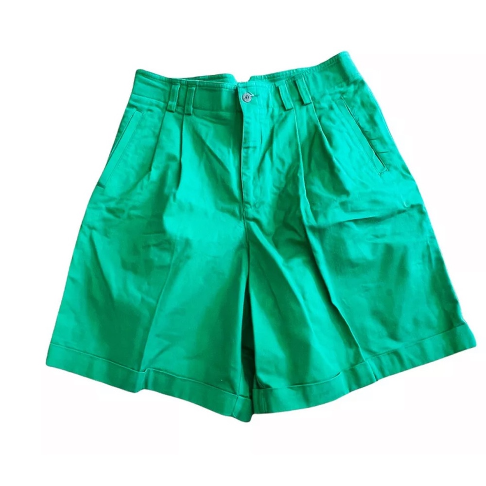 Vtg Lizsport High Waisted Shorts Women Green Cotton Pleated Front Cuff Pocket